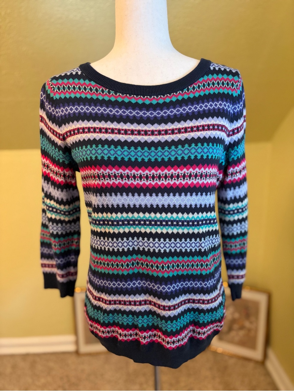 Lands' End Navy Multicolor Fair Isle Crewneck Sweater